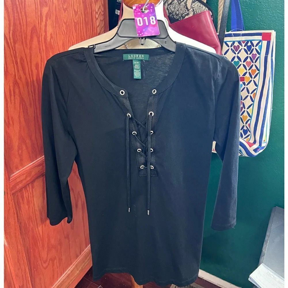 NWOT Small Black Ralph Lauren. 3/4 Sleeve Top Lace-Up Front #018